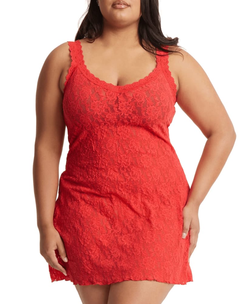 Front of a model wearing a size 2X SIGNATURE LACE TANK CHEMISE in DSCR-DEEP SEA CORAL by Hanky Panky. | dia_product_style_image_id:272629